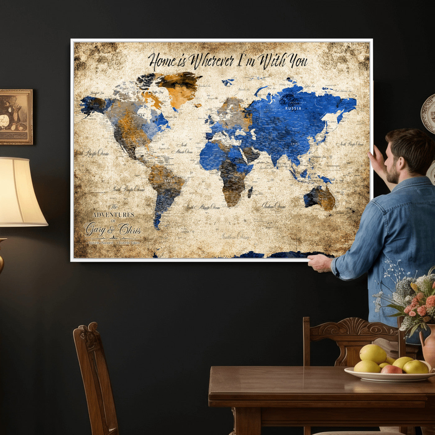 13332533-MGV-CV-36X24 - Custom Push Pin World Map Wall Art Canvas Print – Personalized Travel Tracker with Pins Framed Large for Home and Office Decor