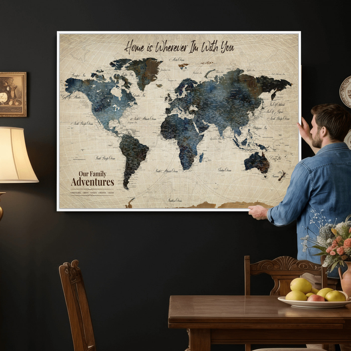 51383535-MGV-CV-36X24 - Custom Push Pin World Map Wall Art Canvas Print – Personalized Travel Tracker with Pins Framed Large for Home and Office Decor