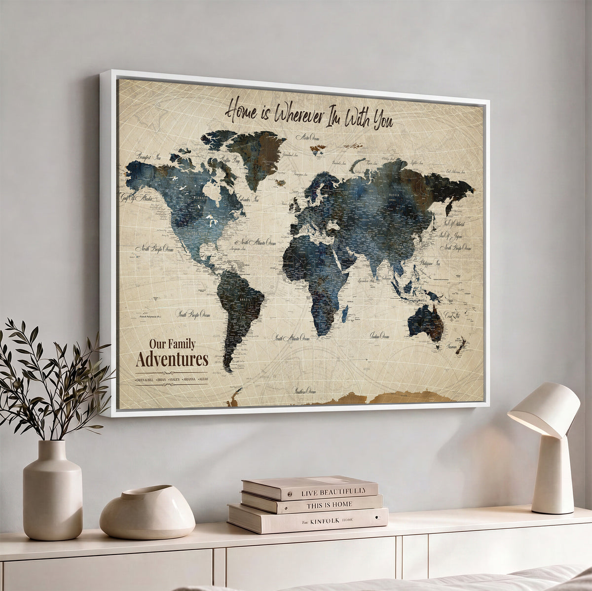 51383535-MGV-CV-36X24 - Personalized Framed Black Modern Push Pin Travel Map Canvas Print, Family Travel Tracker, Home Office and Entryway Decor