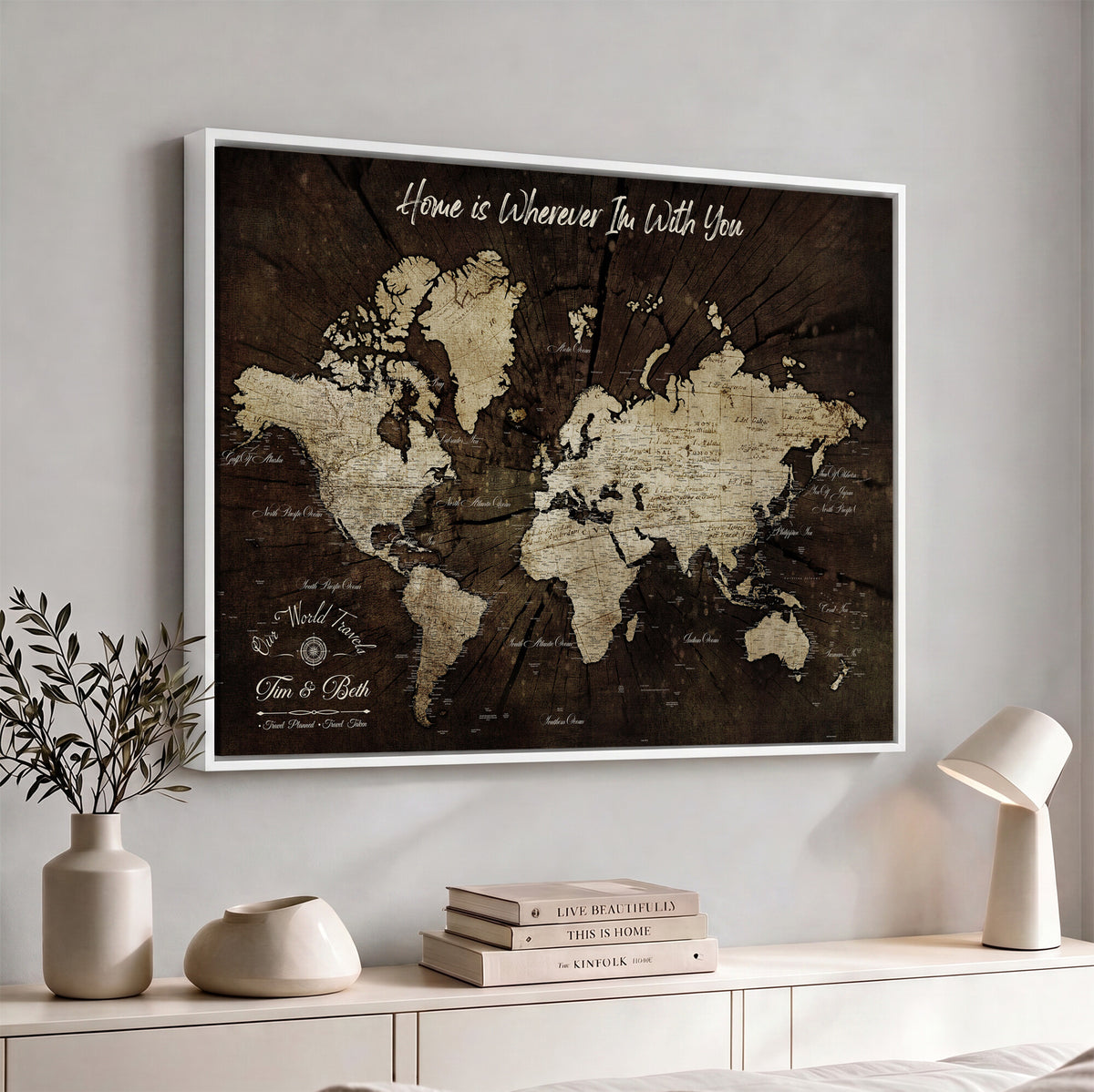 46573259-MGV-CV-36X24 - Personalized Watercolor Push Pin World Map Canvas Wall Art, Custom Framed Travel Map - NEWMAP-094