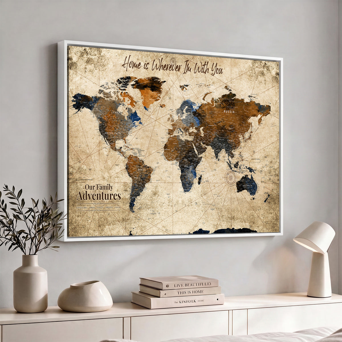 17548029-MGV-CV-36X24 - Personalized Framed Beige Modern Push Pin World Map Canvas Print, Bucket List Map, Home Office and Study Decor