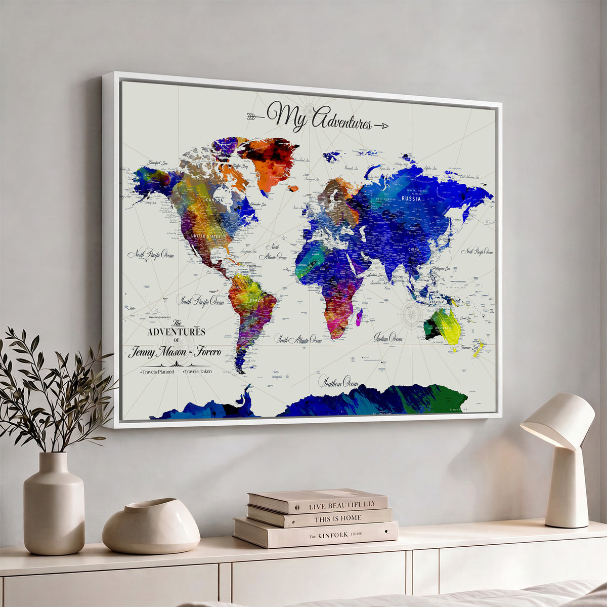 45423989-MGV-CV-36X24 - Detailed Custom Framed Beige Modern World Map Canvas with Push Pins, Honeymoon and Anniversary Gift, Dining Room and Home Office Decor