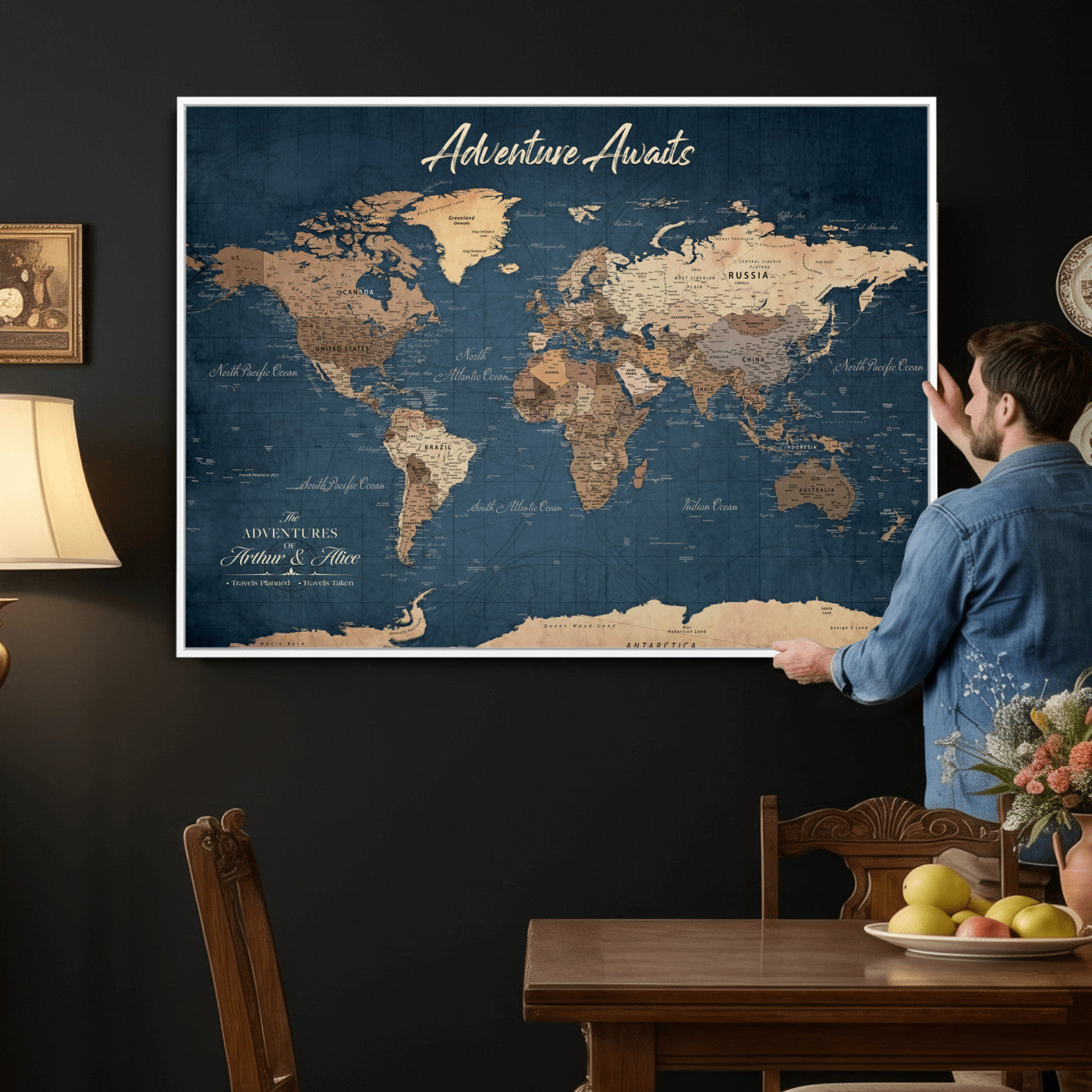 64110391-MGV-CV-36X24 - Custom Push Pin World Map Wall Art Canvas Print – Personalized Travel Tracker with Pins Framed Large for Home and Office Decor