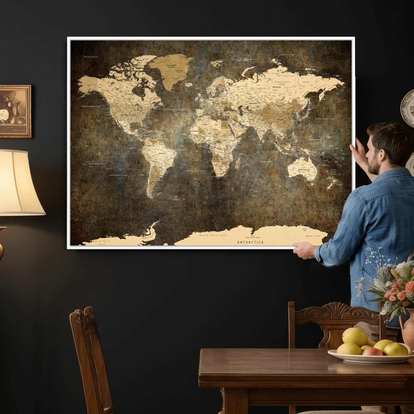 89742472-MGV-CV-36X24 - World Map Wall Art Canvas Print, Modern Decorative Framed Map Artwork Prints for Living Room, Office, Bedroom Wall Decor