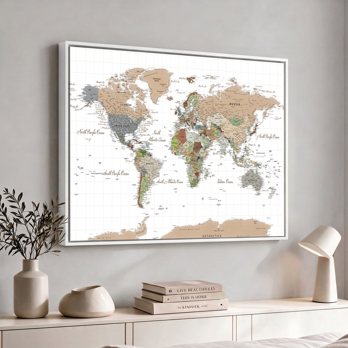 91286788-MGV-CV-36X24 - World Map Wall Art Canvas Print, Modern Decorative Framed Map Artwork Prints for Living Room, Office, Bedroom Wall Decor