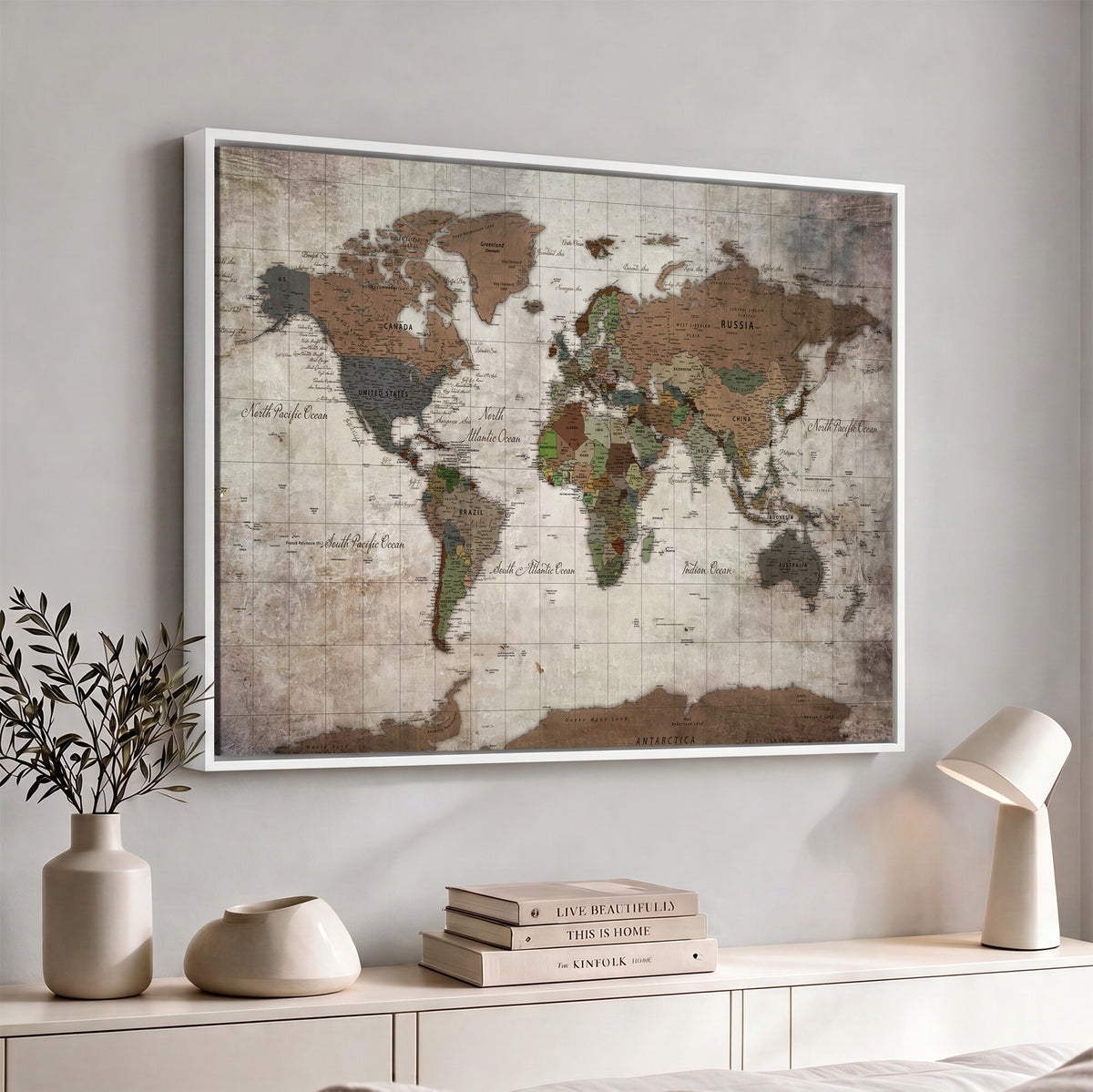 65393892-MGV-CV-36X24 - World Map Wall Art Canvas Print, Modern Decorative Framed Map Artwork Prints for Living Room, Office, Bedroom Wall Decor