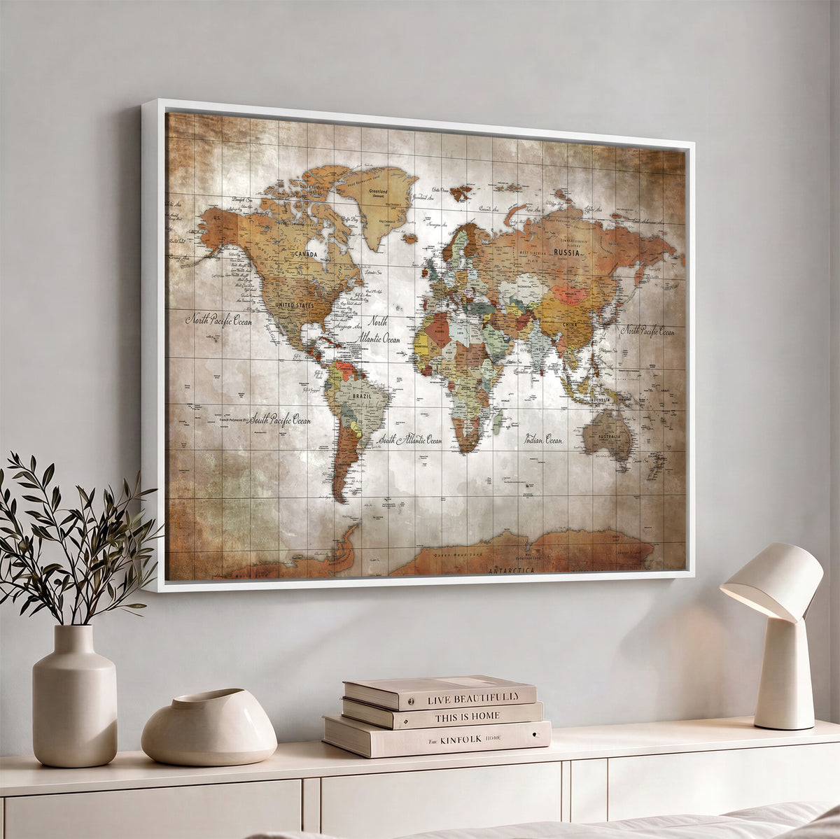 51643807-MGV-CV-36X24 - World Map Wall Art Canvas Print, Modern Decorative Framed Map Artwork Prints for Living Room, Office, Bedroom Wall Decor