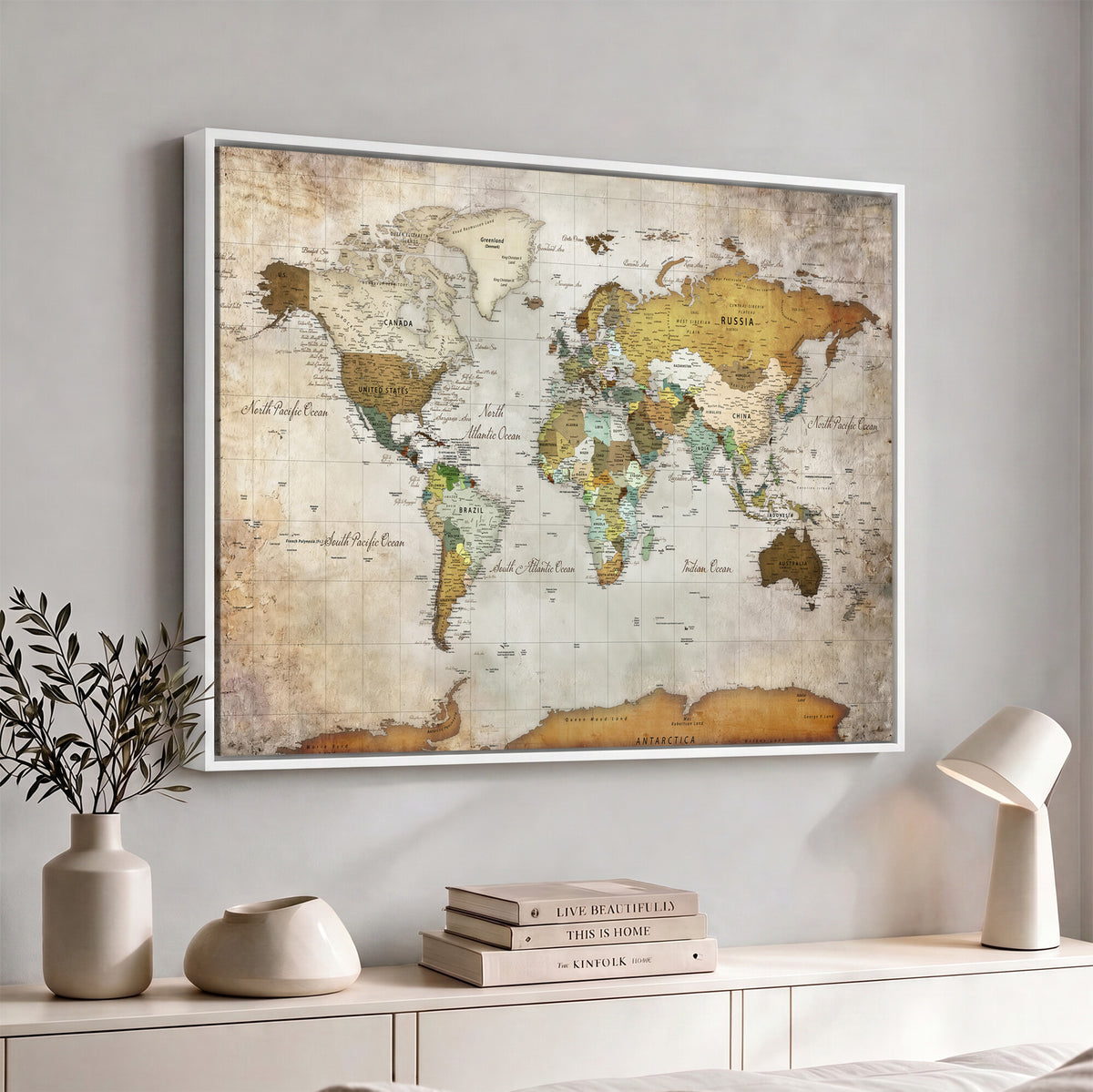 86108417-MGV-CV-36X24 - World Map Wall Art Canvas Print, Modern Decorative Framed Map Artwork Prints for Living Room, Office, Bedroom Wall Decor