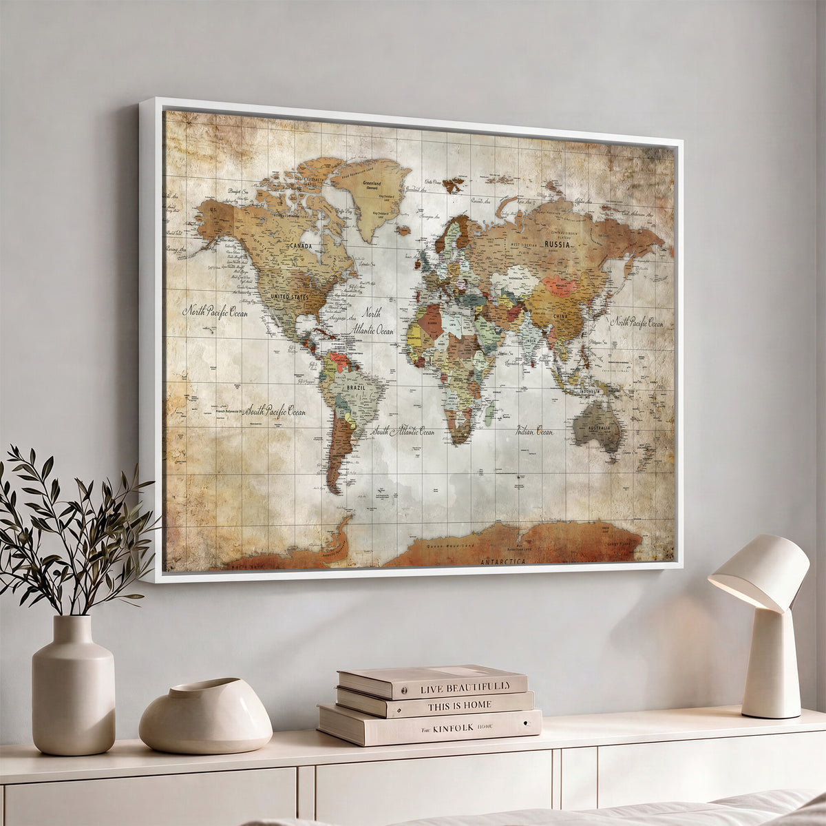 19855445-MGV-CV-36X24 - Custom Framed Modern Push Pin World Map Wall Art, Places Visited Tracker, Home Office and Entryway Decor