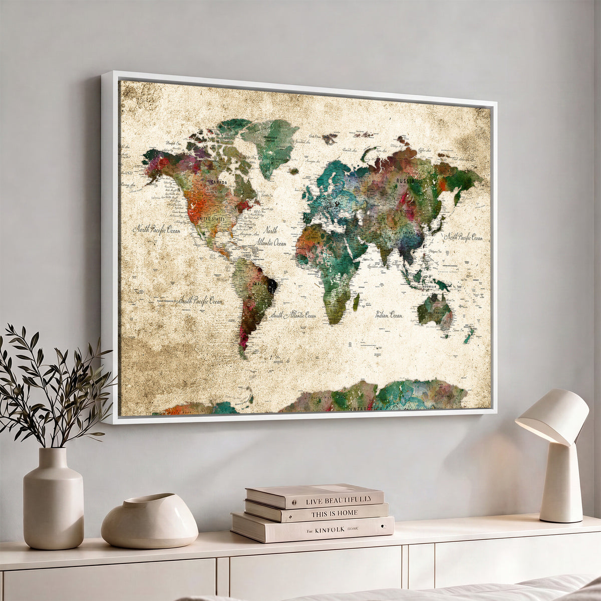 87544591-MGV-CV-36X24 - World Map Wall Art Canvas Print, Modern Decorative Framed Map Artwork Prints for Living Room, Office, Bedroom Wall Decor