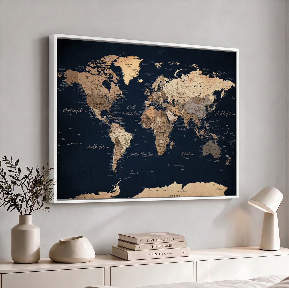 53971530-MGV-CV-36X24 - World Map Wall Art Canvas Print, Modern Decorative Framed Map Artwork Prints for Living Room, Office, Bedroom Wall Decor