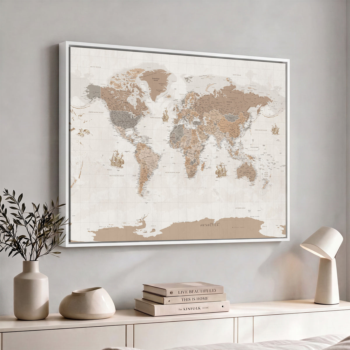 85057279-MGV-CV-36X24 - Framed Large World Map Canvas Print for Office Decor