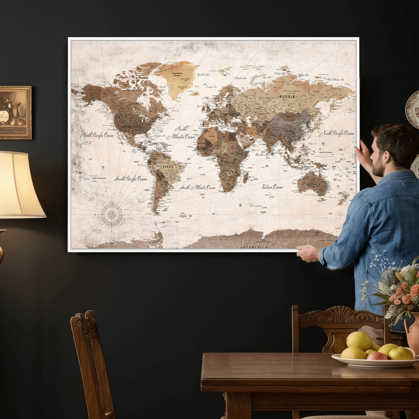 38923639-MGV-CV-36X24 - World Map Wall Art Canvas Print, Modern Decorative Framed Map Artwork Prints for Living Room, Office, Bedroom Wall Decor