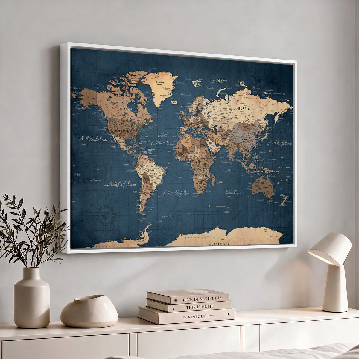 69886352-MGV-CV-36X24 - World Map Wall Art Canvas Print, Modern Decorative Framed Map Artwork Prints for Living Room, Office, Bedroom Wall Decor
