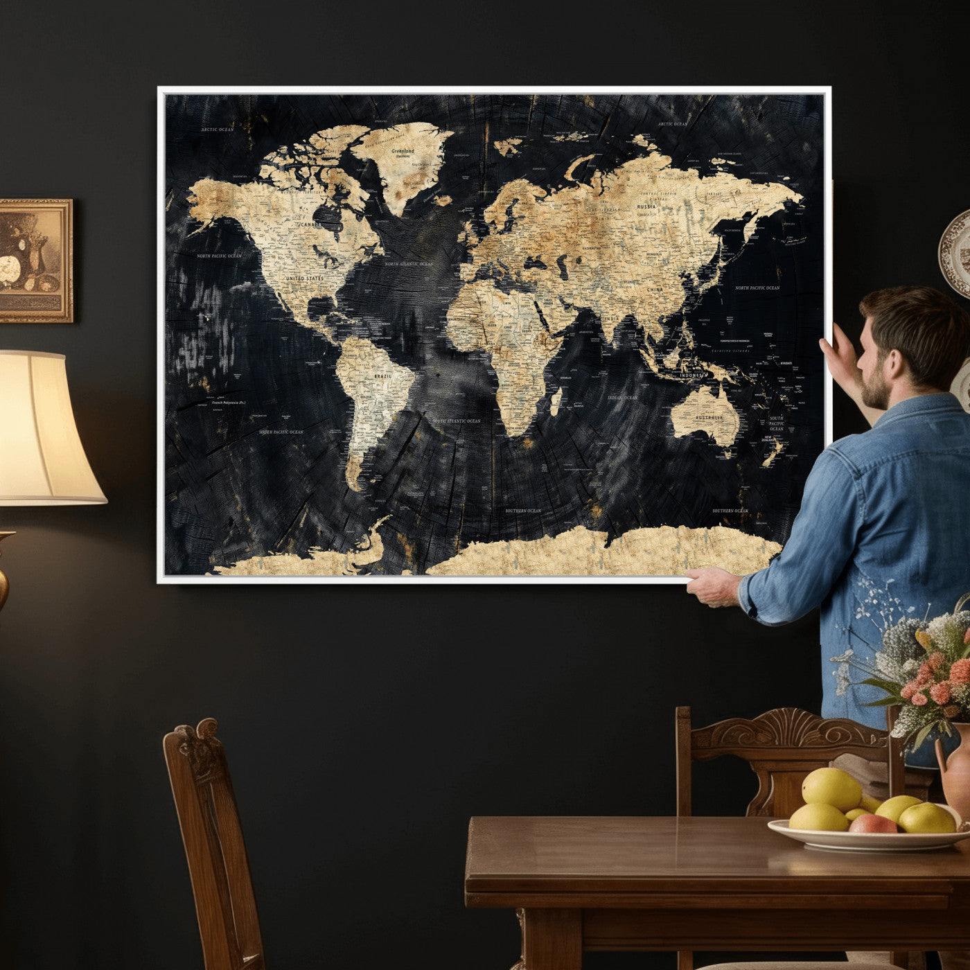45535041-MGV-CV-36X24 - World Map Wall Art Canvas Print, Modern Decorative Framed Map Artwork Prints for Living Room, Office, Bedroom Wall Decor