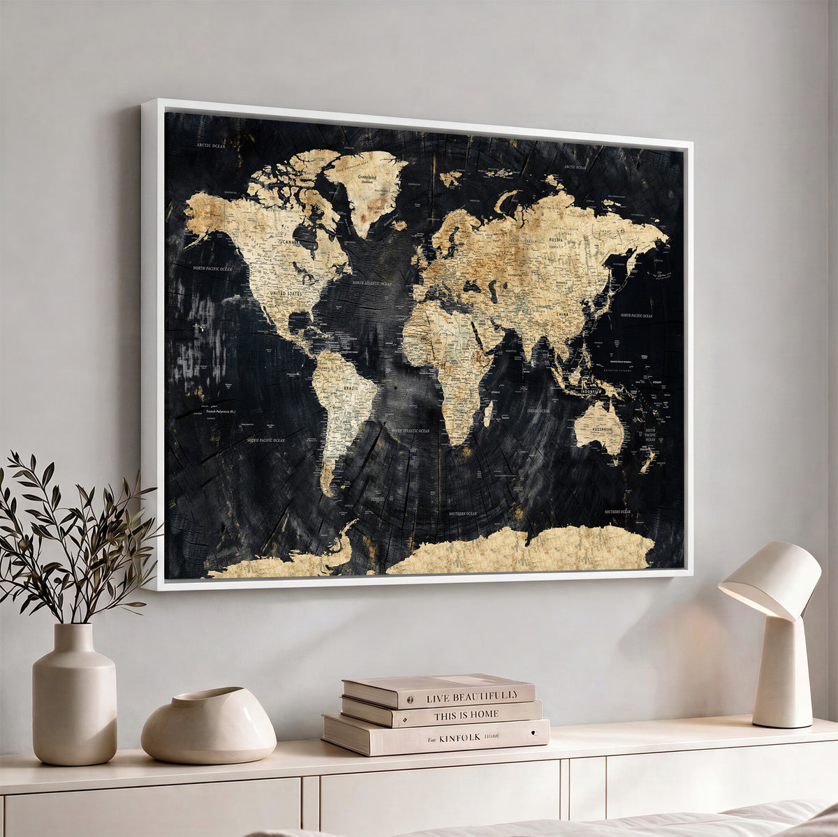45535041-MGV-CV-36X24 - Framed Large World Map Wall Art Canvas Print for Living Room