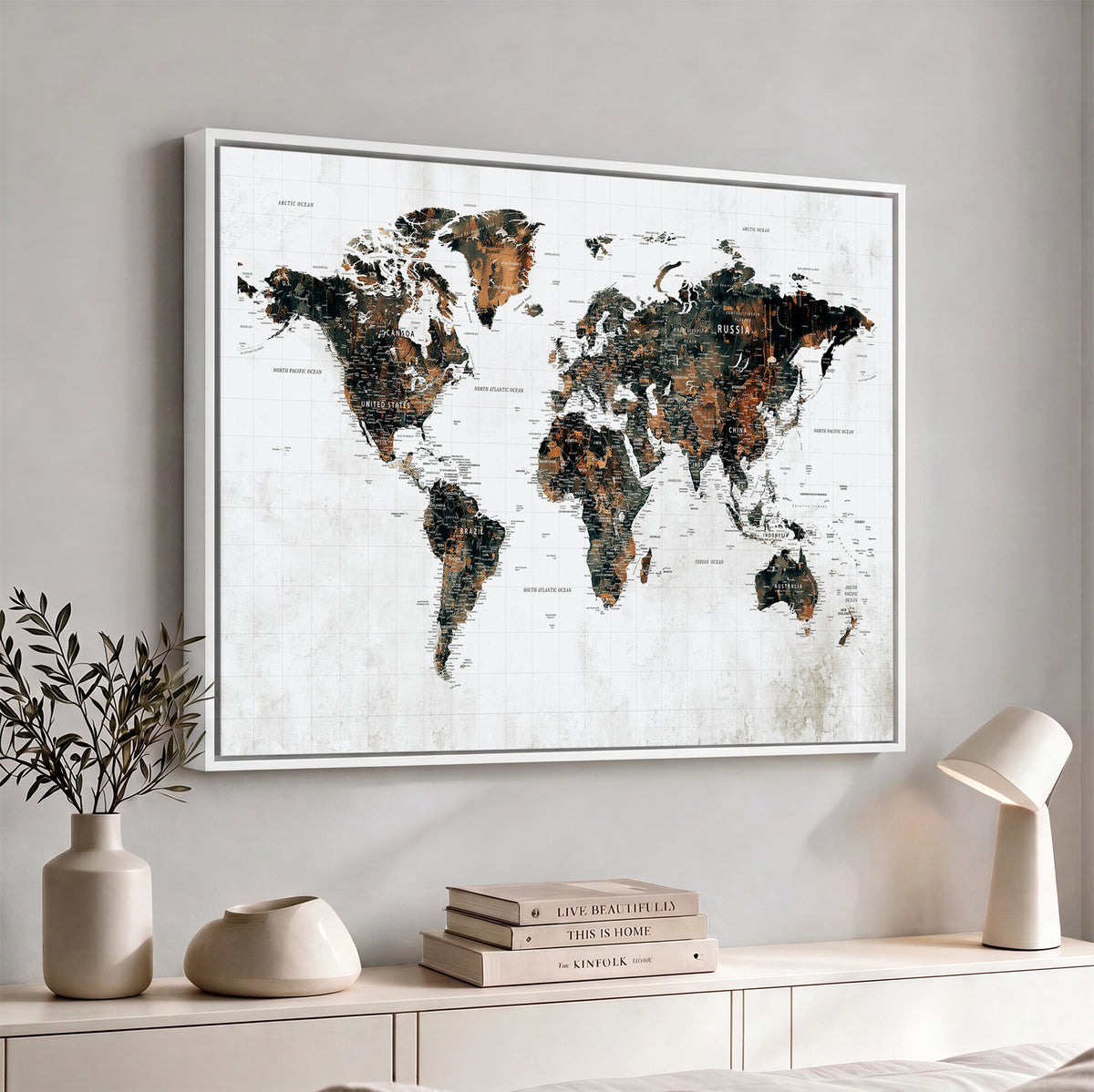 60008766-MGV-CV-36X24 - Large World Map Canvas Print – Framed Travel Map Wall Art