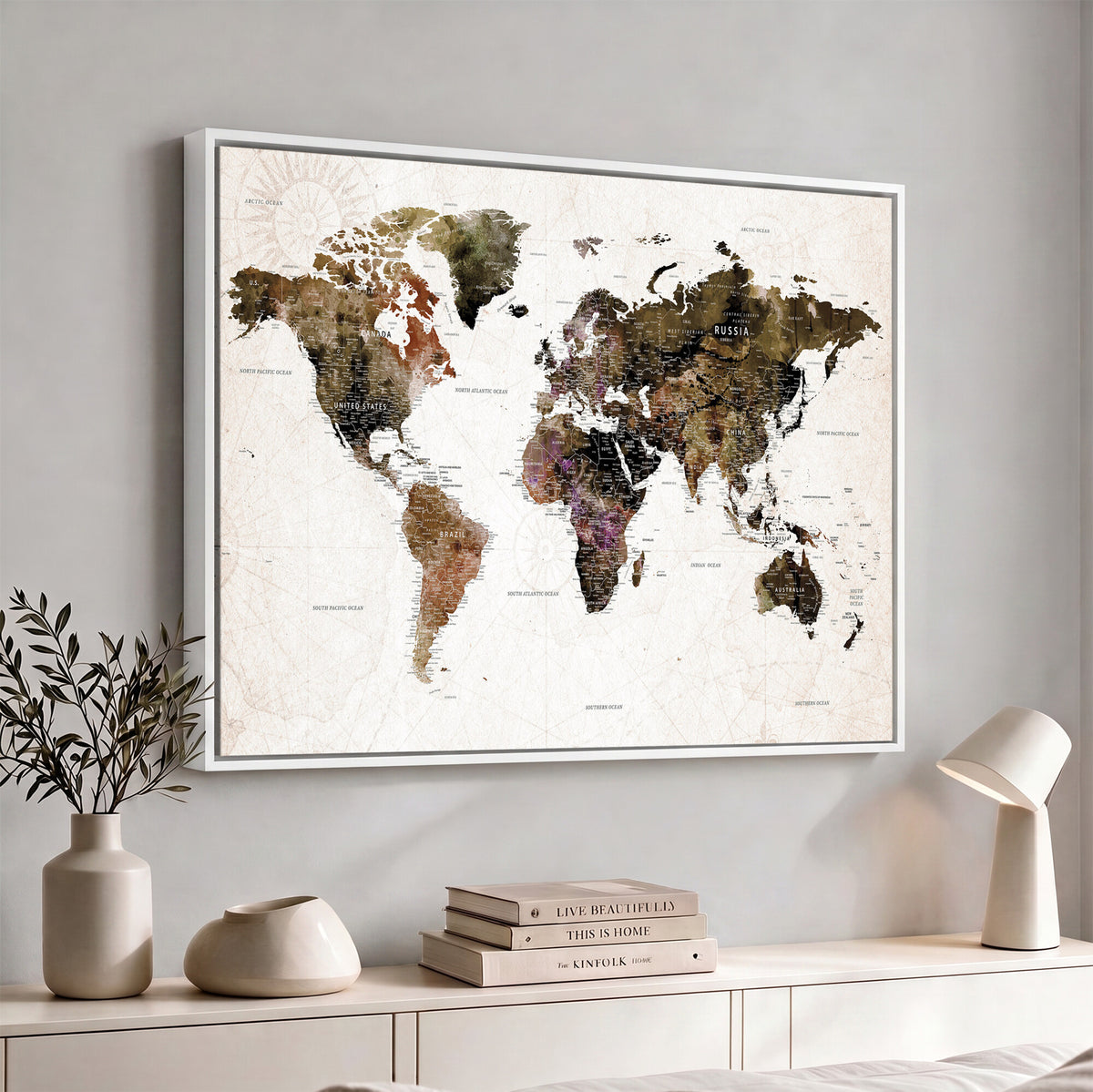 77651968-MGV-CV-36X24 - Watercolor World Map Print - Large Wall Art Canvas Print for