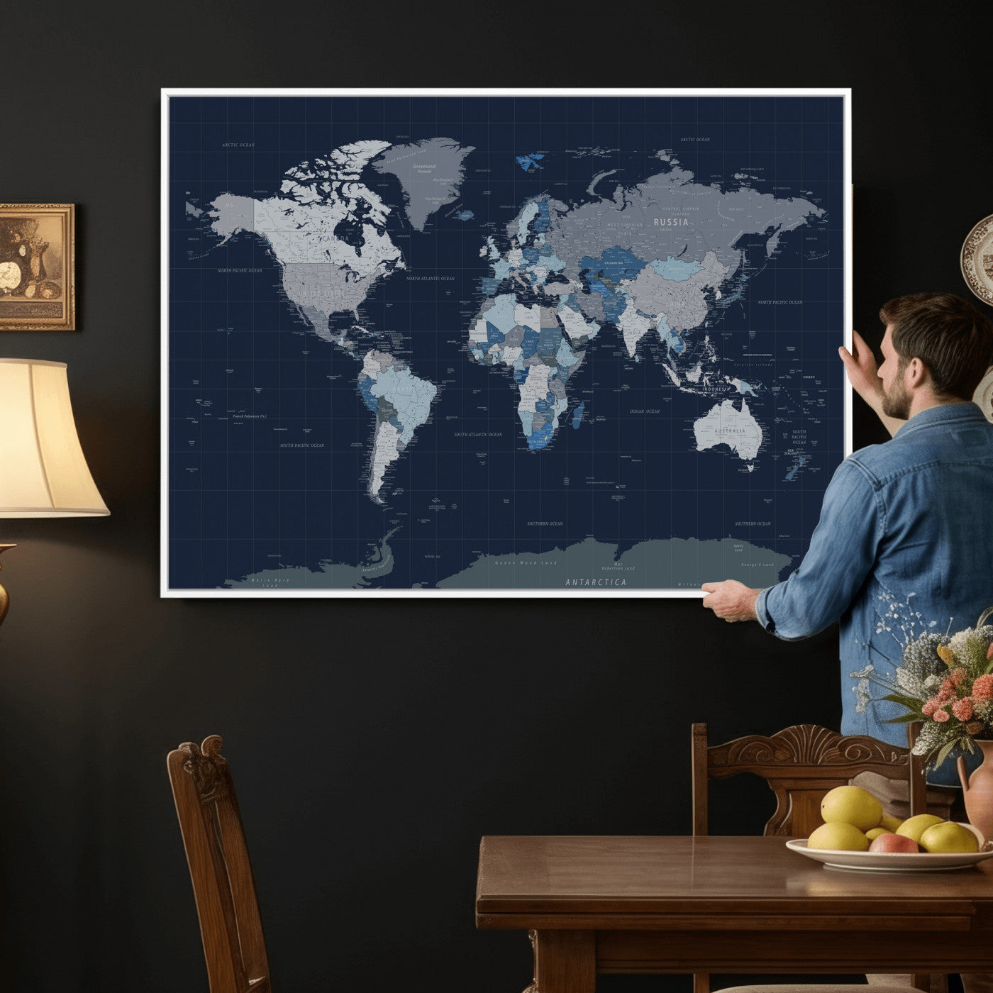 17712680-MGV-CV-36X24 - World Map Wall Art Canvas Print, Modern Decorative Framed Map Artwork Prints for Living Room, Office, Bedroom Wall Decor