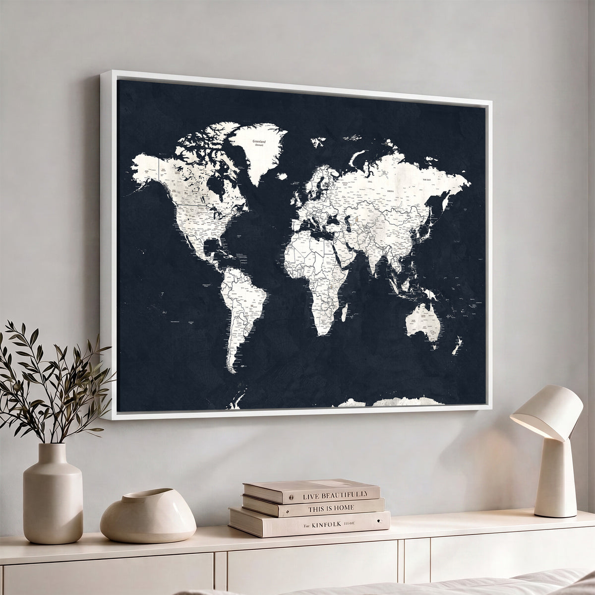 11963807-MGV-CV-36X24 - Black World Map Wall Art Canvas Print for Home Office and Meeting Room Decor