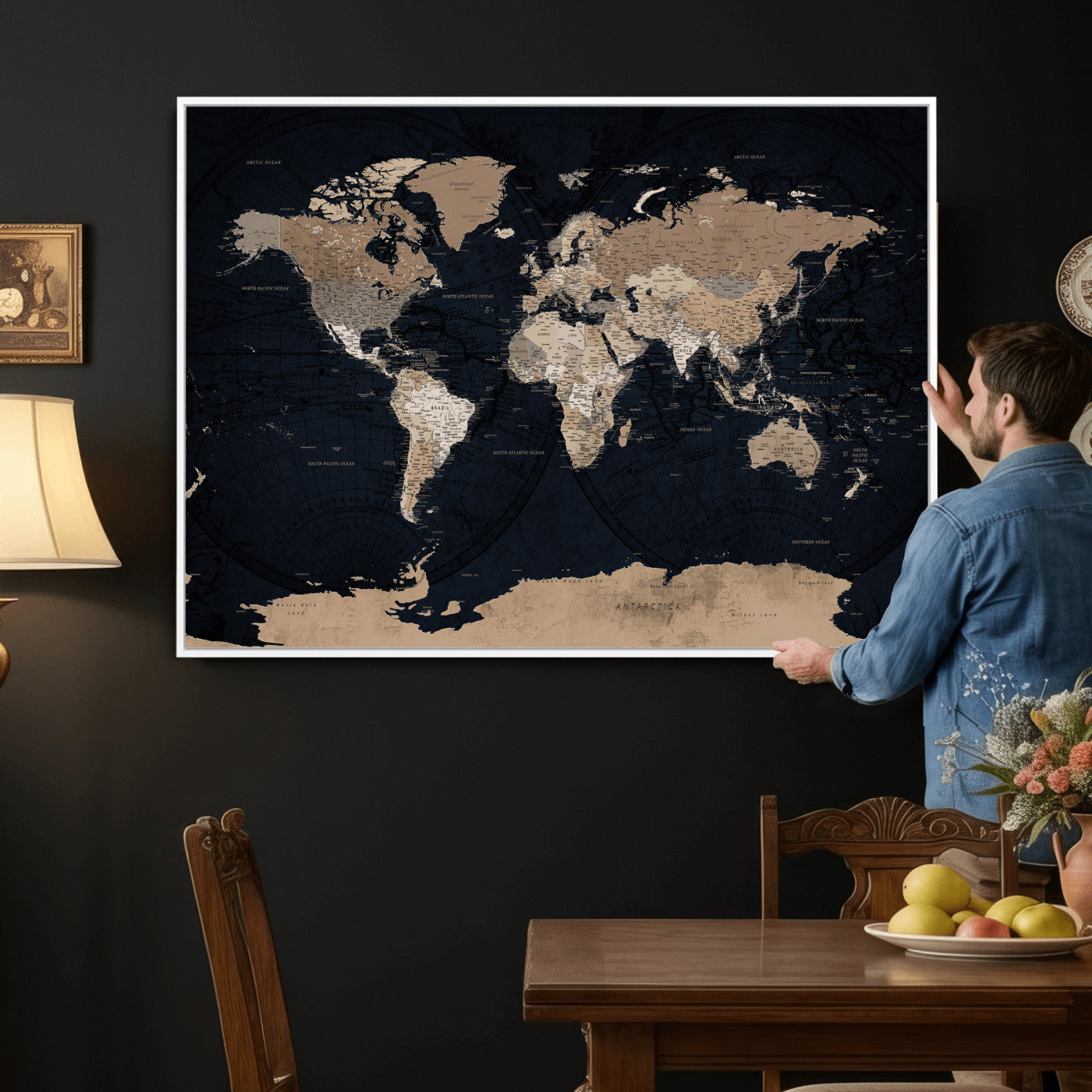 25812727-MGV-CV-36X24 - World Map Wall Art Canvas Print, Modern Decorative Framed Map Artwork Prints for Living Room, Office, Bedroom Wall Decor