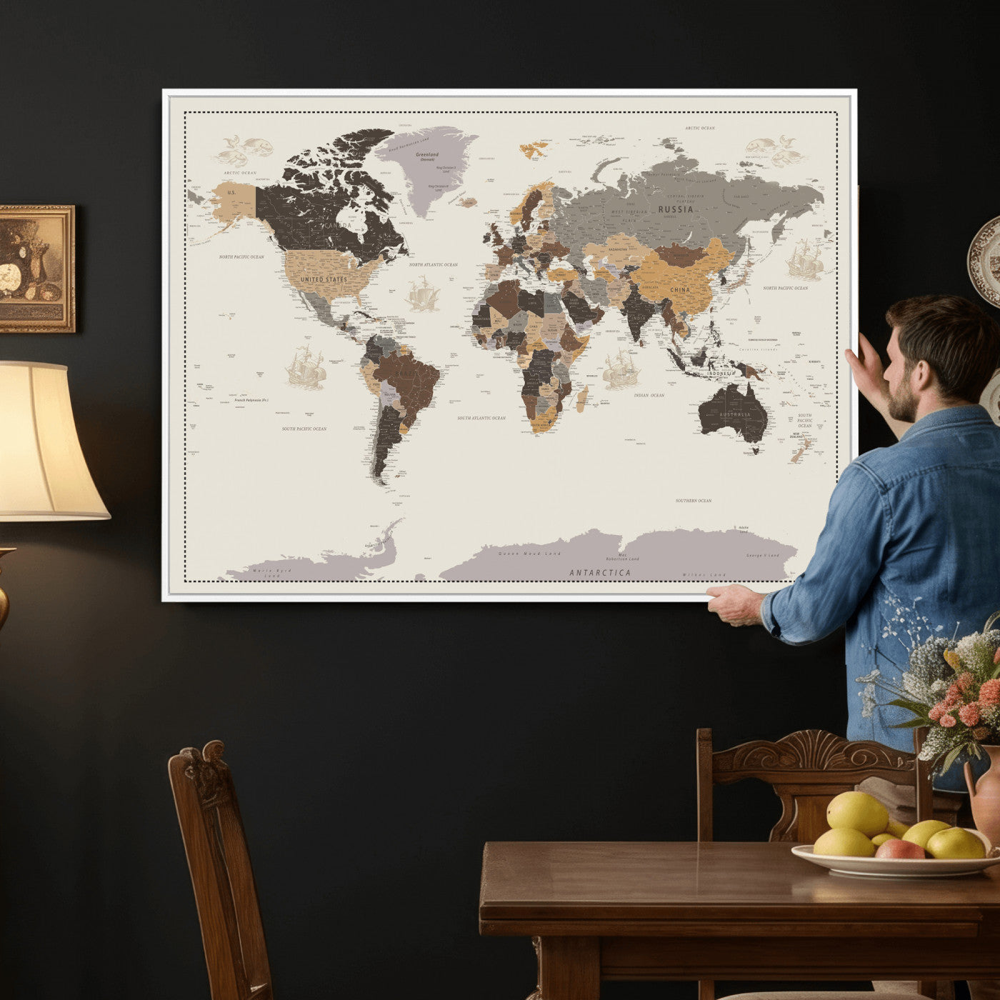 58777746-MGV-CV-36X24 - World Map Wall Art Canvas Print, Modern Decorative Framed Map Artwork Prints for Living Room, Office, Bedroom Wall Decor