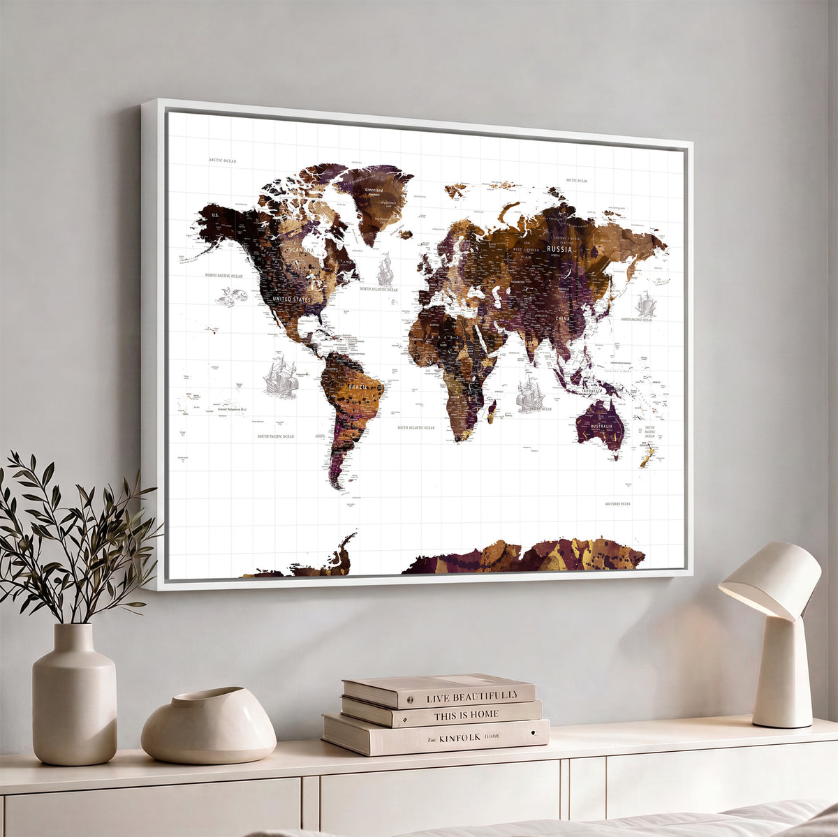 34792695-MGV-CV-36X24 - Rustic World Map Wall Art Canvas Print | Large Vintage Blue World Map on Wood Grain Style Background