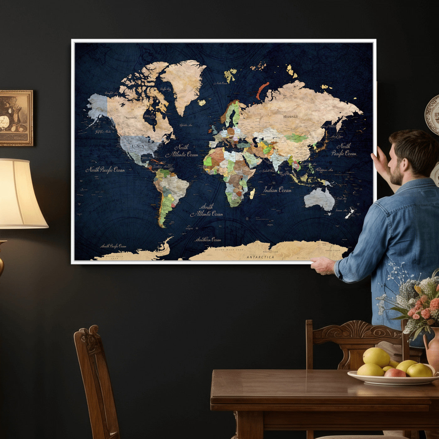 76603563-MGV-CV-36X24 - World Map Wall Art Canvas Print, Modern Decorative Framed Map Artwork Prints for Living Room, Office, Bedroom Wall Decor