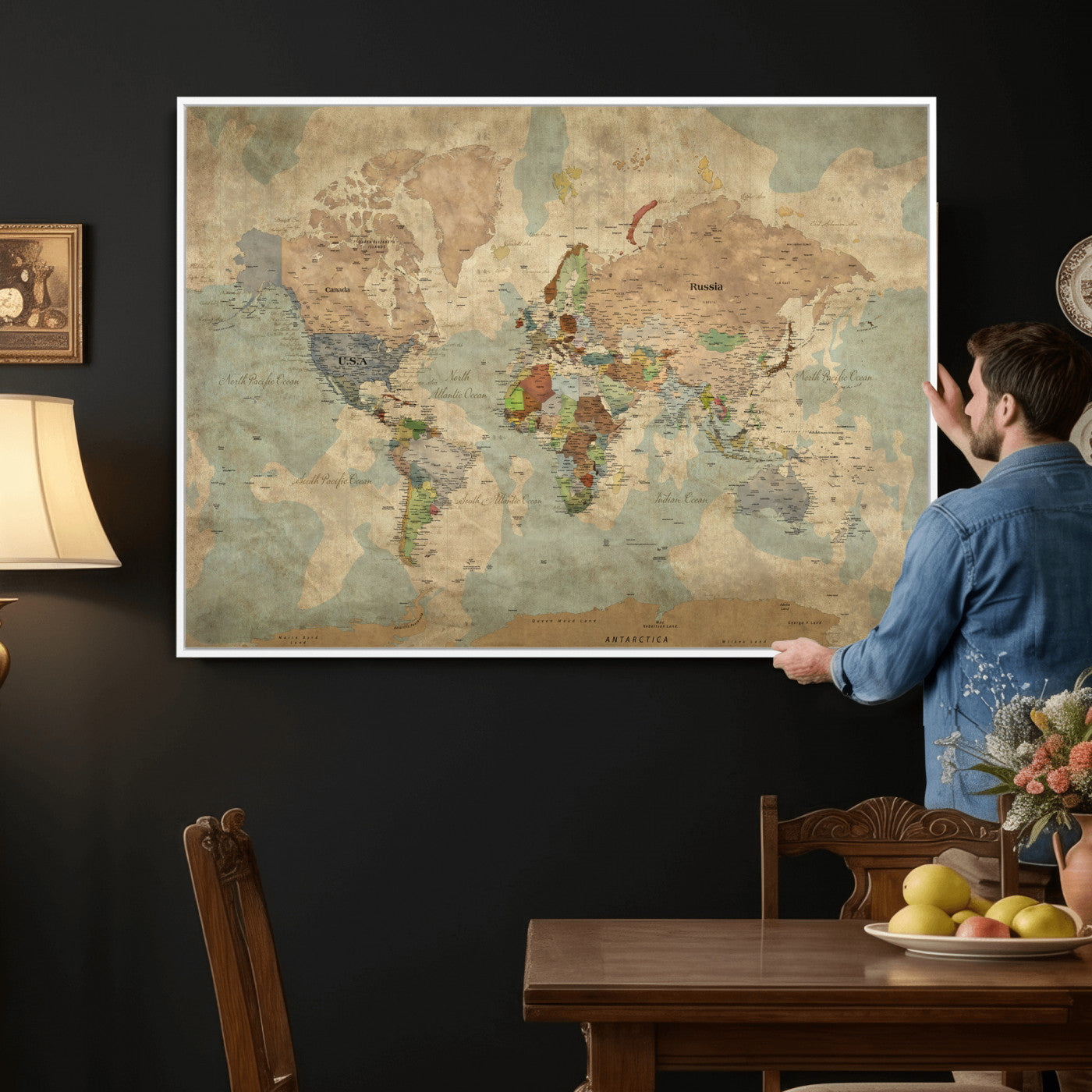 31492148-MGV-CV-36X24 - World Map Wall Art Canvas Print, Modern Decorative Framed Map Artwork Prints for Living Room, Office, Bedroom Wall Decor