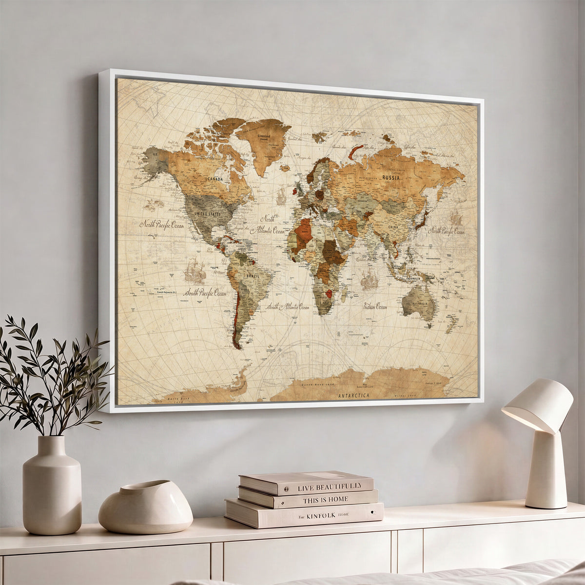 29684537-MGV-CV-36X24 - Vintage World Map Canvas Print, Framed Rustic Detailed Map of the World, Explorer Decor