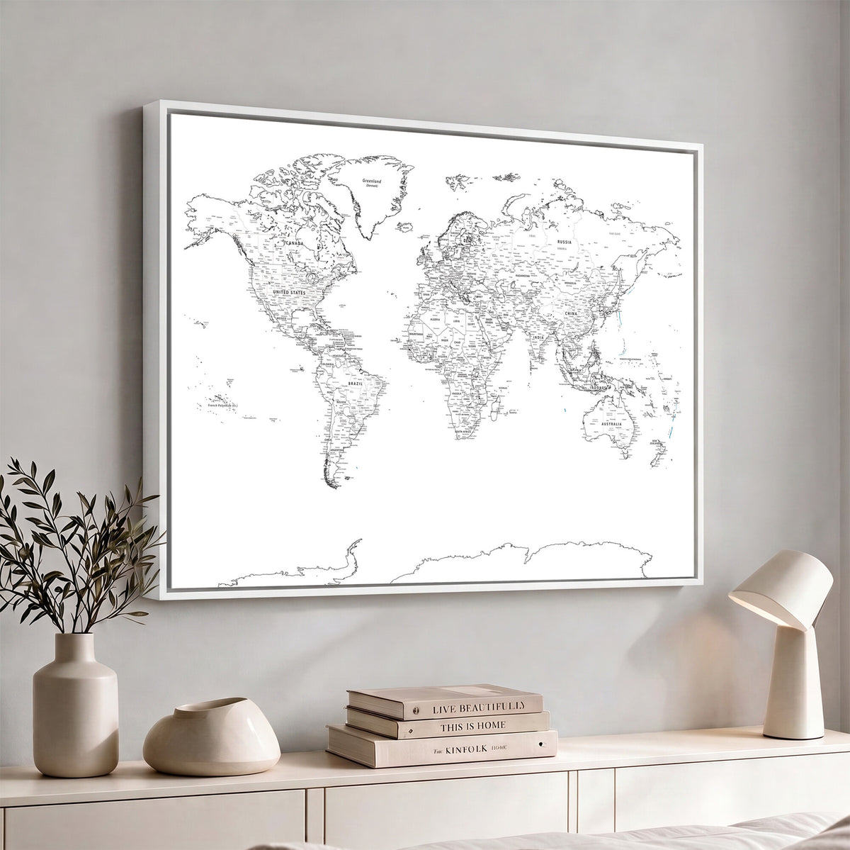 21002736-MGV-CV-36X24 - World Map Canvas Print, Framed Modern Detailed Map of the World for Home or Office