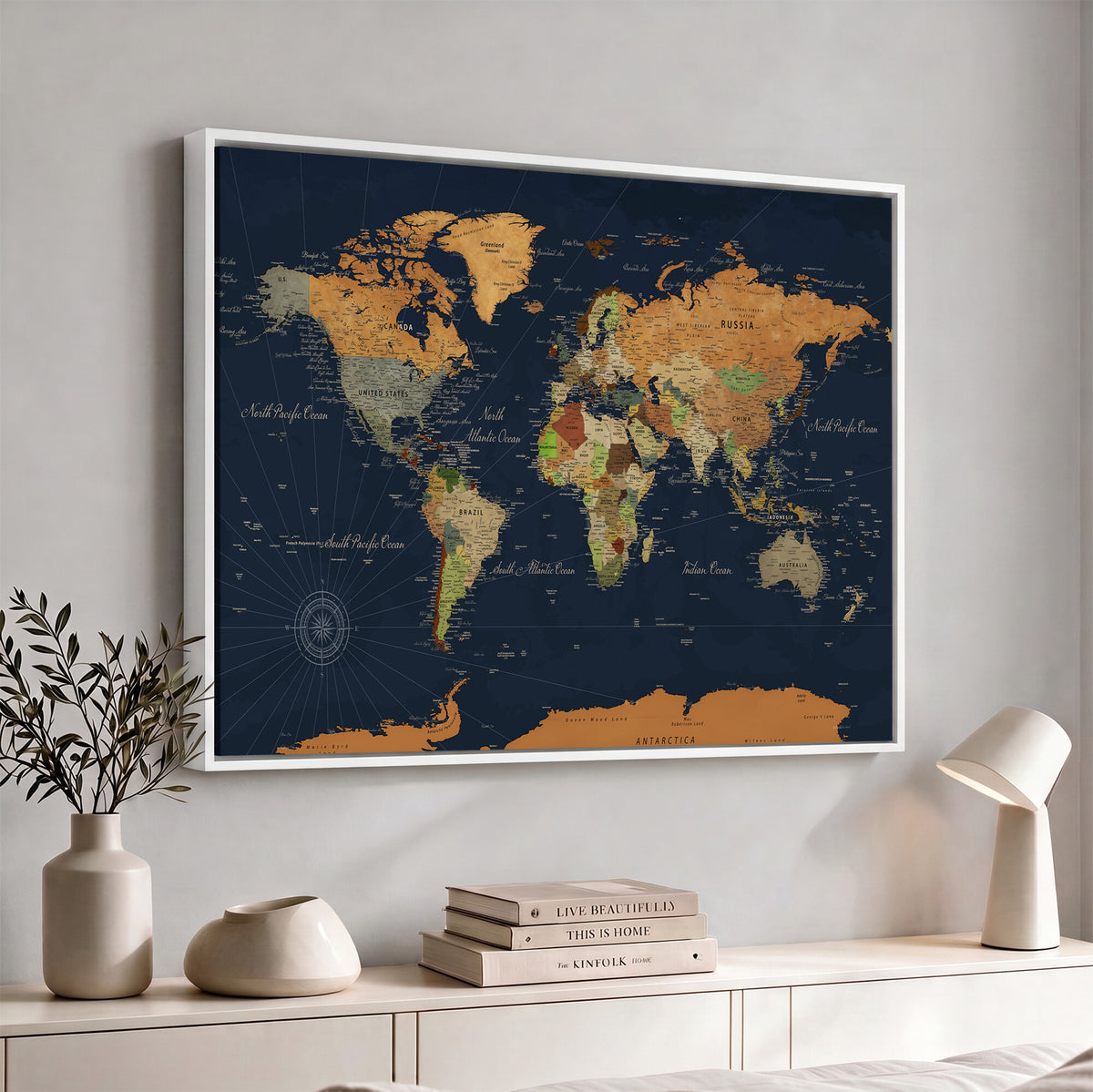 11715182-MGV-CV-36X24 - Modern World Map Canvas Print, Framed Detailed Map of the World Wall Art