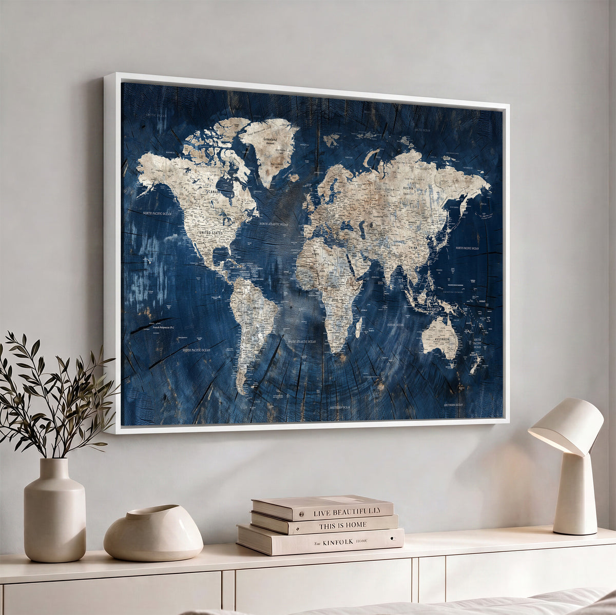 56126010-MGV-CV-36X24 - Large Blue World Map Wall Art Canvas Print for Home Office