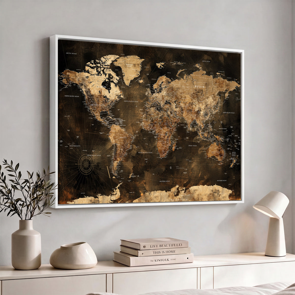 97742922-MGV-CV-36X24 - World Map Canvas Print, Modern Decorative Framed Map Artwork