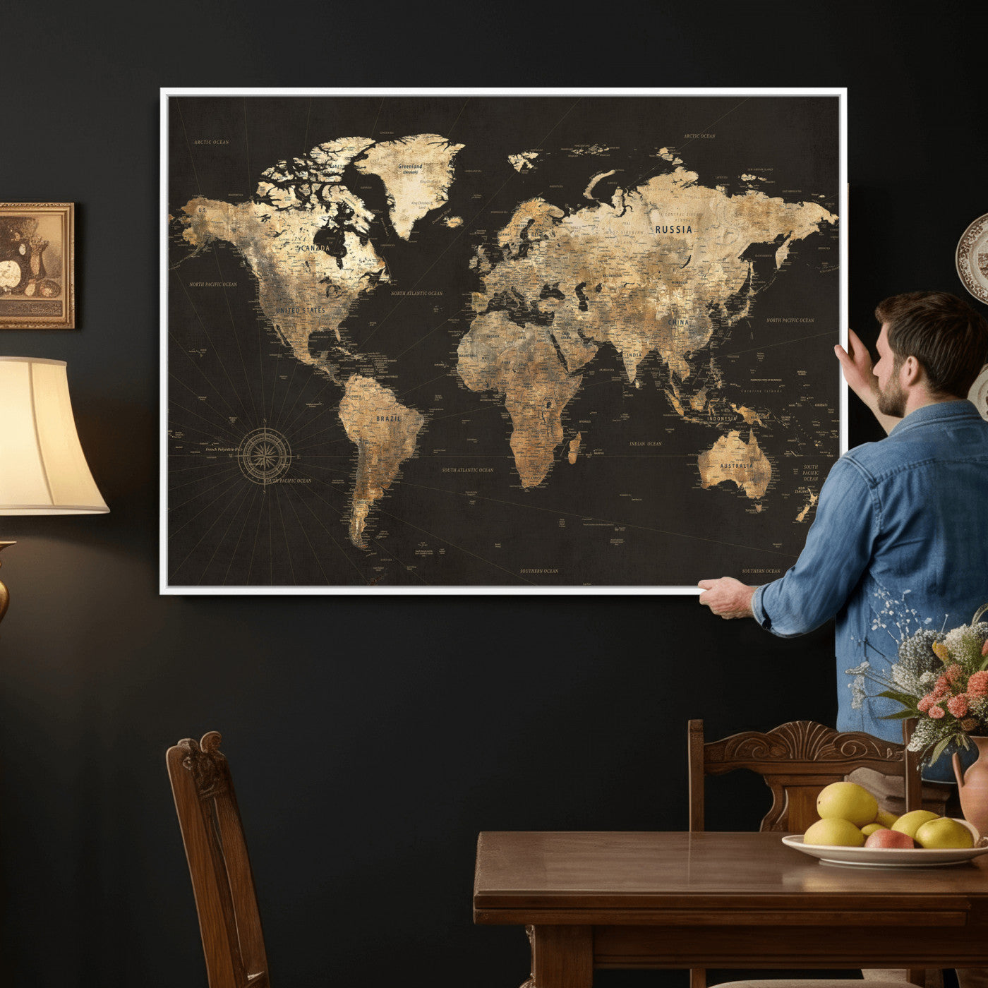 70985630-MGV-CV-36X24 - World Map Wall Art Canvas Print, Modern Decorative Framed Map Artwork Prints for Living Room, Office, Bedroom Wall Decor