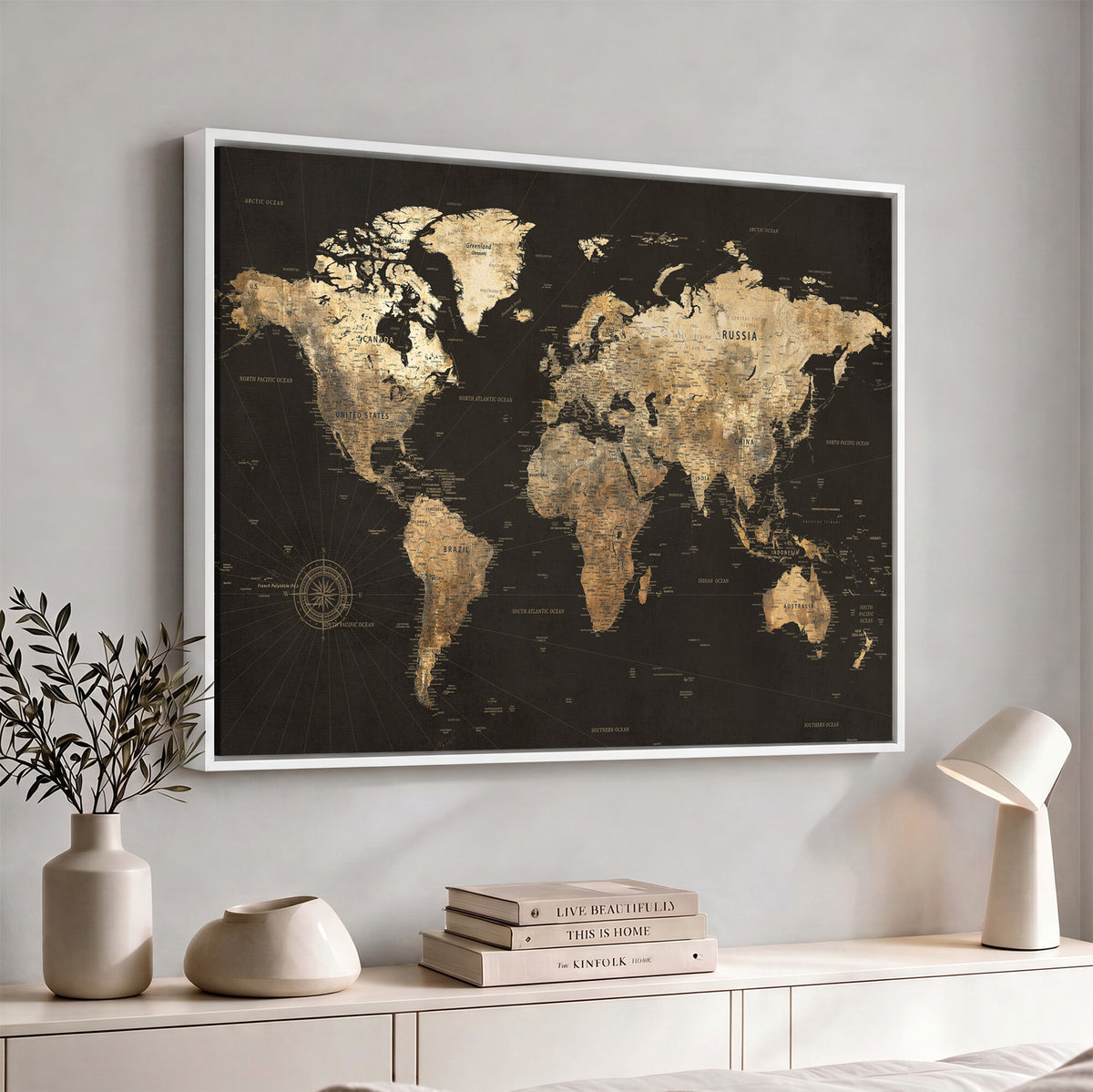 70985630-MGV-CV-36X24 - Framed World Map with Pin Canvas Print – Detailed World Map