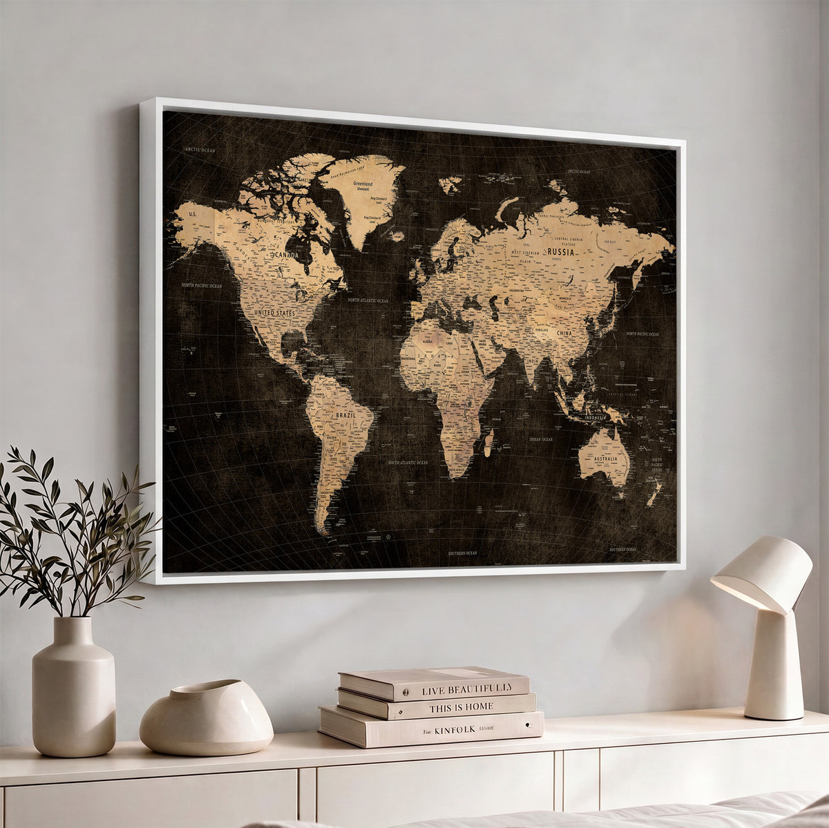 15118265-MGV-CV-36X24 - Brown World Map Canvas Print | Modern Travel Map Wall Art