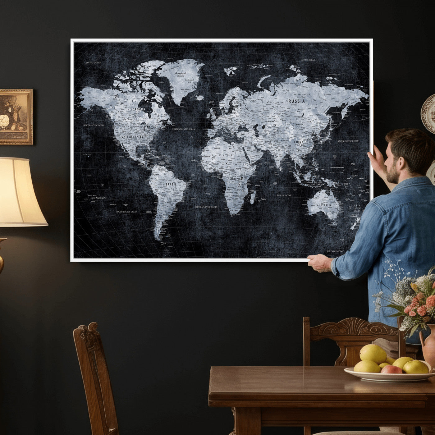 86893704-MGV-CV-36X24 - World Map Wall Art Canvas Print, Modern Decorative Framed Map Artwork Prints for Living Room, Office, Bedroom Wall Decor