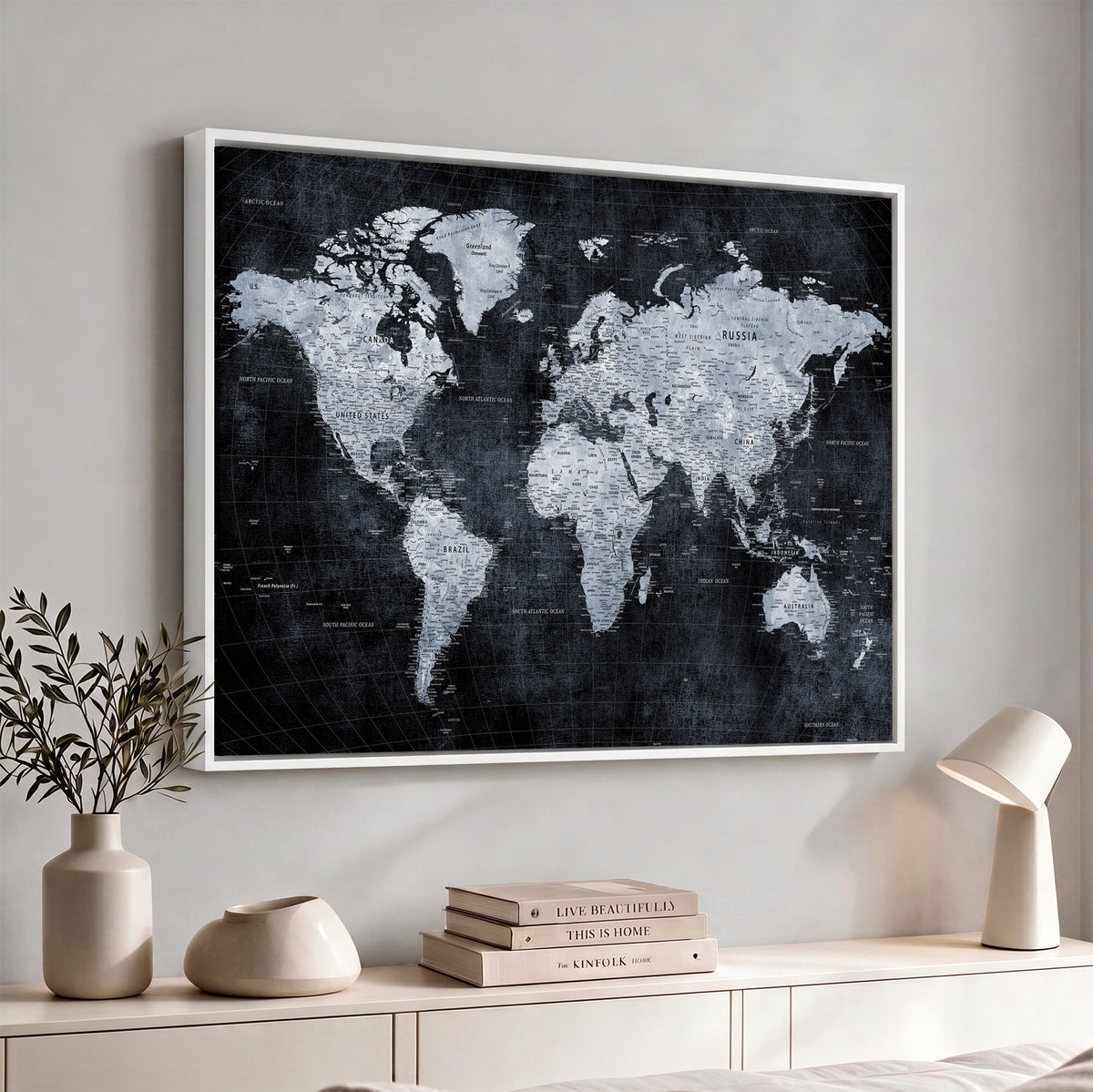 86893704-MGV-CV-36X24 - Black World Map Canvas Print | Detailed Map for Couples and Anniversary Gift