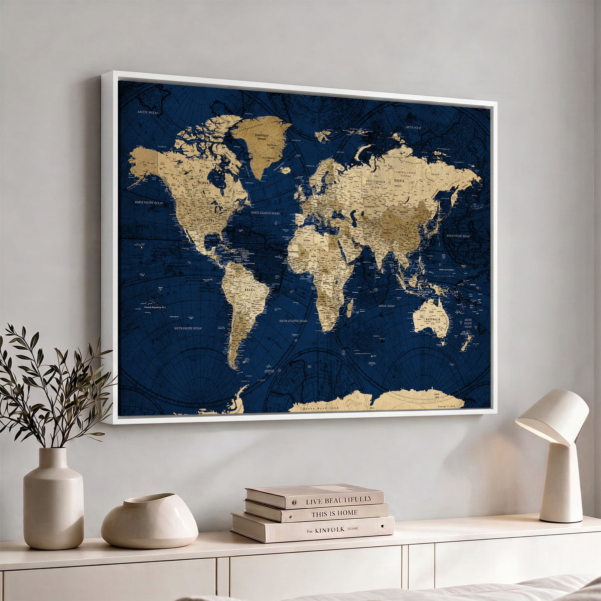 54770746-MGV-CV-36X24 - Navy Blue World Map Canvas Print – Detailed Map Minimal Navy