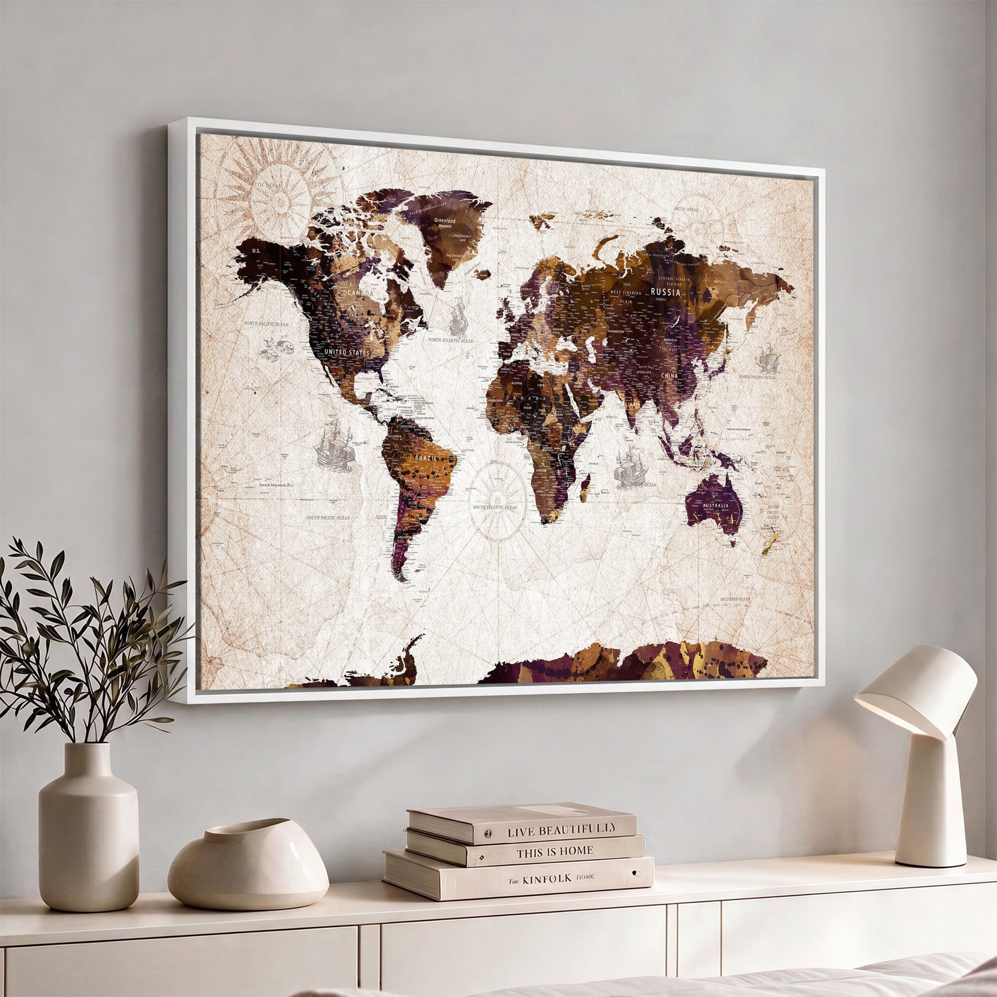 53400857-MGV-CV-36X24 - Blue Watercolor World Map Canvas Print – Framed Modern Wall