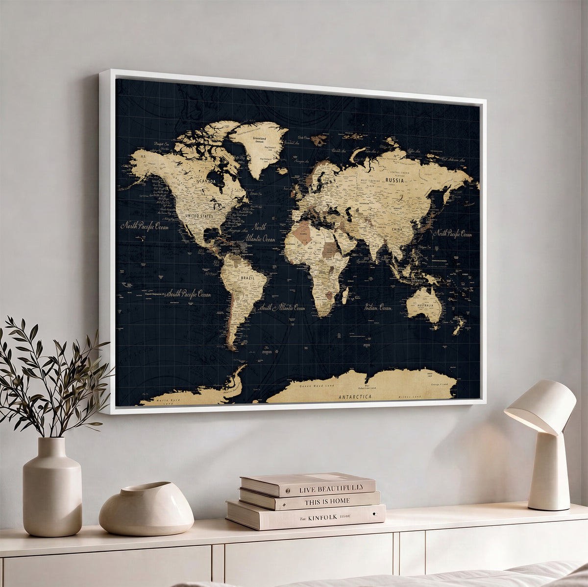 45063434-MGV-CV-36X24 - Dark World Map Canvas Wall Art Print, Minimal Black and Gold Map