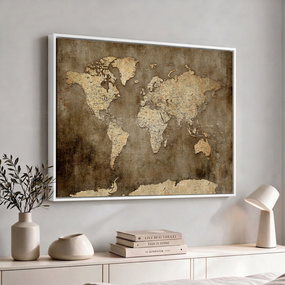 35847542-MGV-CV-36X24 - Dark Vintage World Map Canvas Wall Art Print, Antique Map