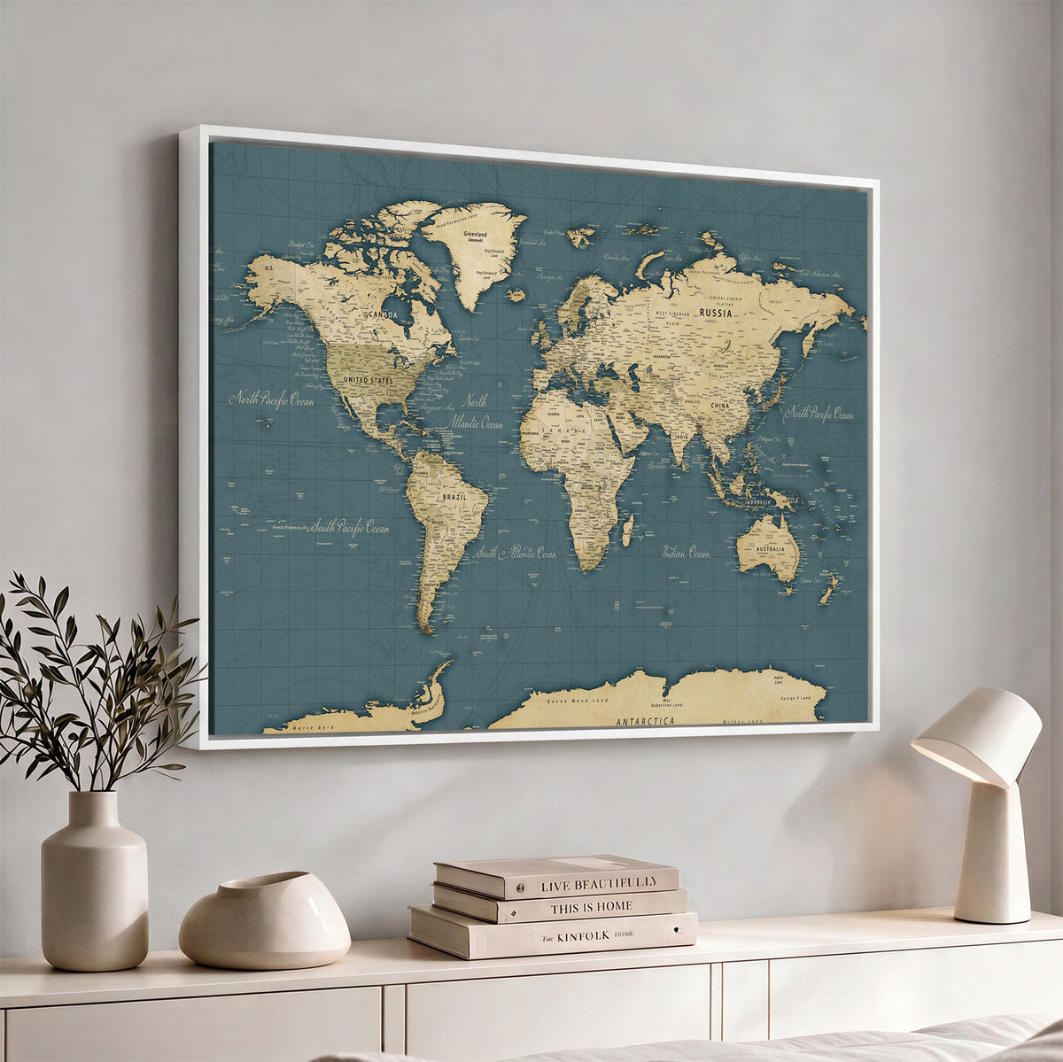 99599383-MGV-CV-36X24 - Minimal Vintage World Map Canvas Wall Art Print, Neutral