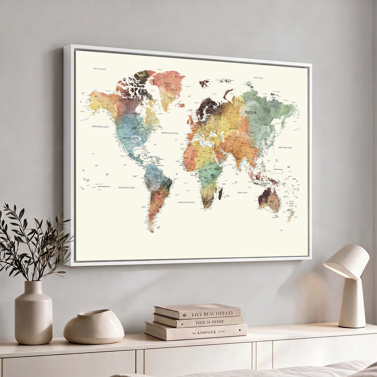 64206059-MGV-CV-36X24 - Framed World Map Wall Art Canvas Print for Living Room and Study Room