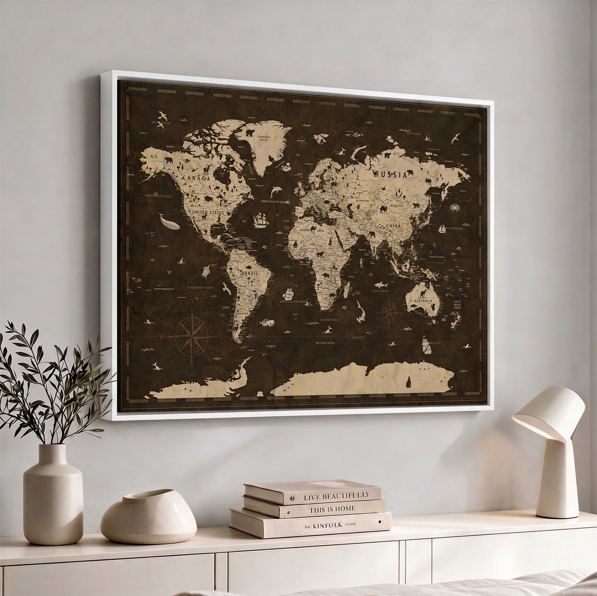 44276398-MGV-CV-36X24 - World Map Wall Art Canvas Print, Modern Decorative Framed Map Artwork Prints for Living Room, Office, Bedroom Wall Decor