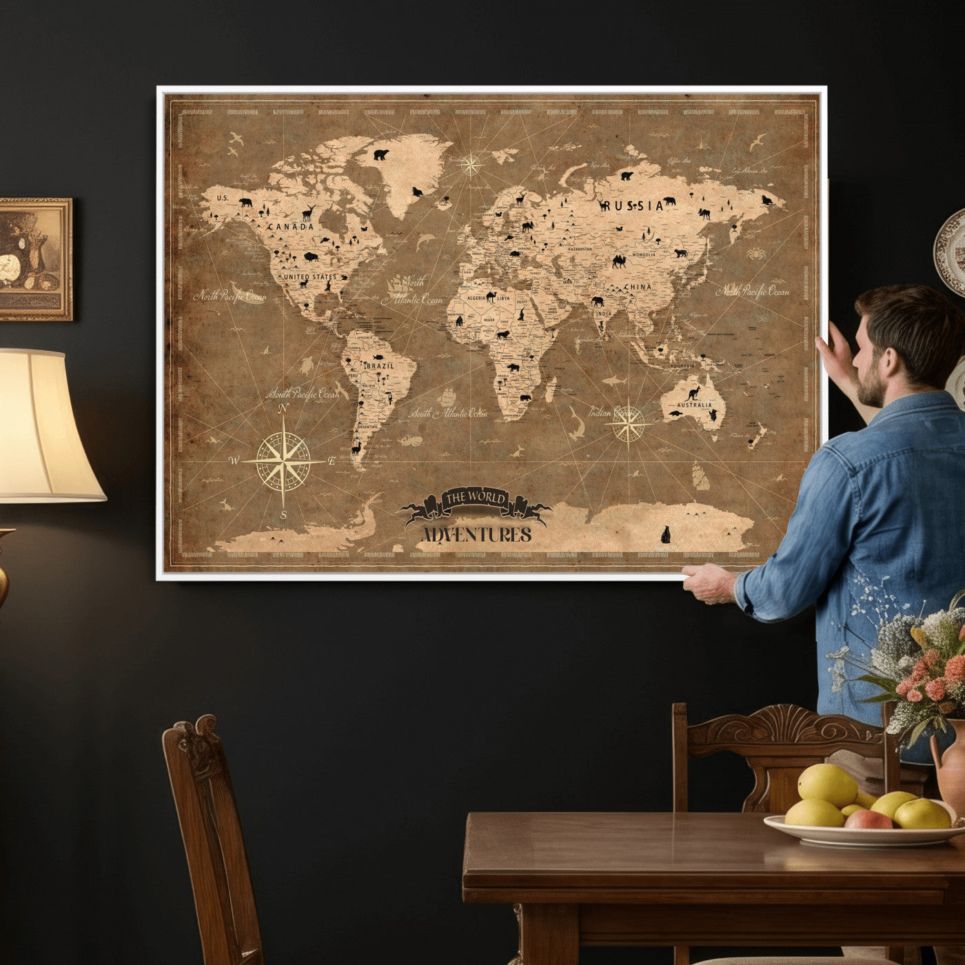 20759686-MGV-CV-36X24 - World Map Wall Art Canvas Print, Modern Decorative Framed Map Artwork Prints for Living Room, Office, Bedroom Wall Decor