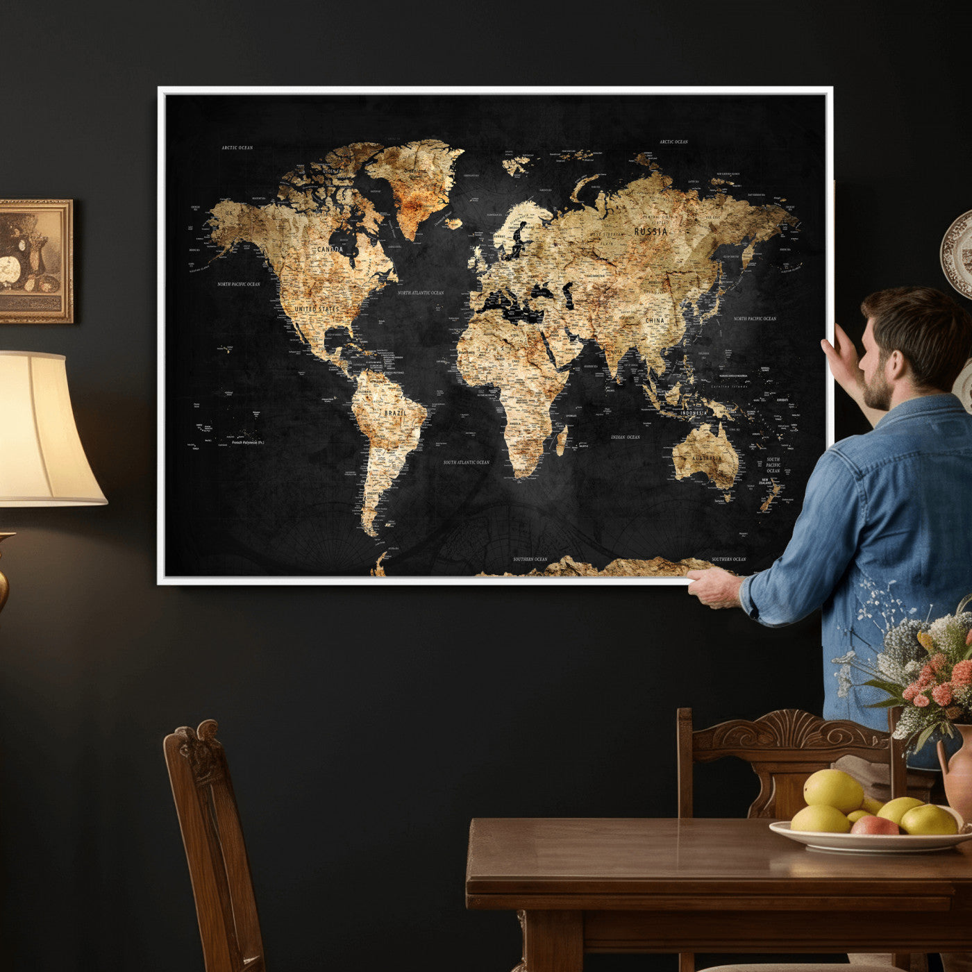 23568589-MGV-CV-36X24 - World Map Wall Art Canvas Print, Modern Decorative Framed Map Artwork Prints for Living Room, Office, Bedroom Wall Decor