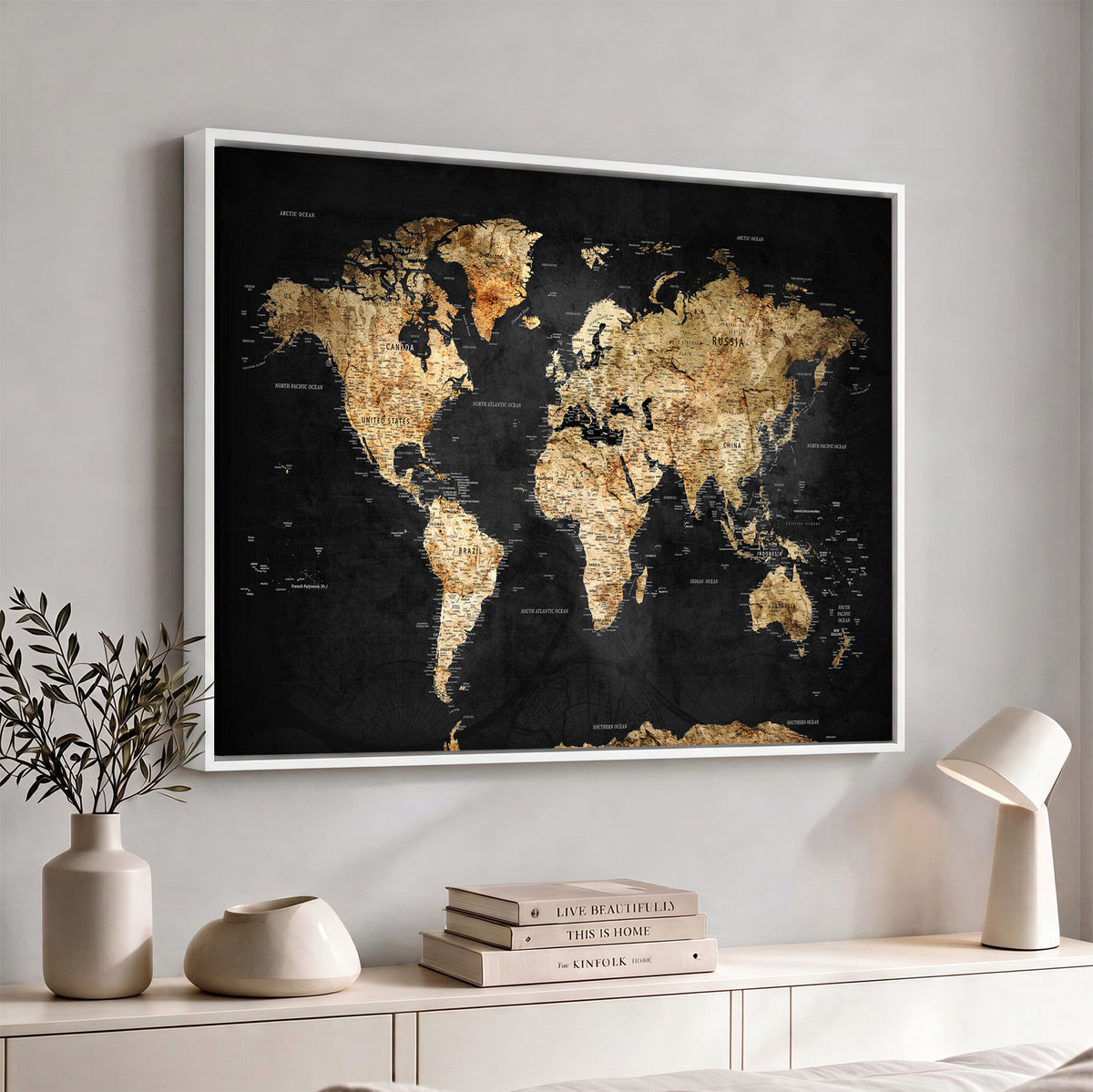 23568589-MGV-CV-36X24 - World Map Wall Art Canvas Print, Modern Decorative Framed Map Artwork Prints for Living Room, Office, Bedroom Wall Decor