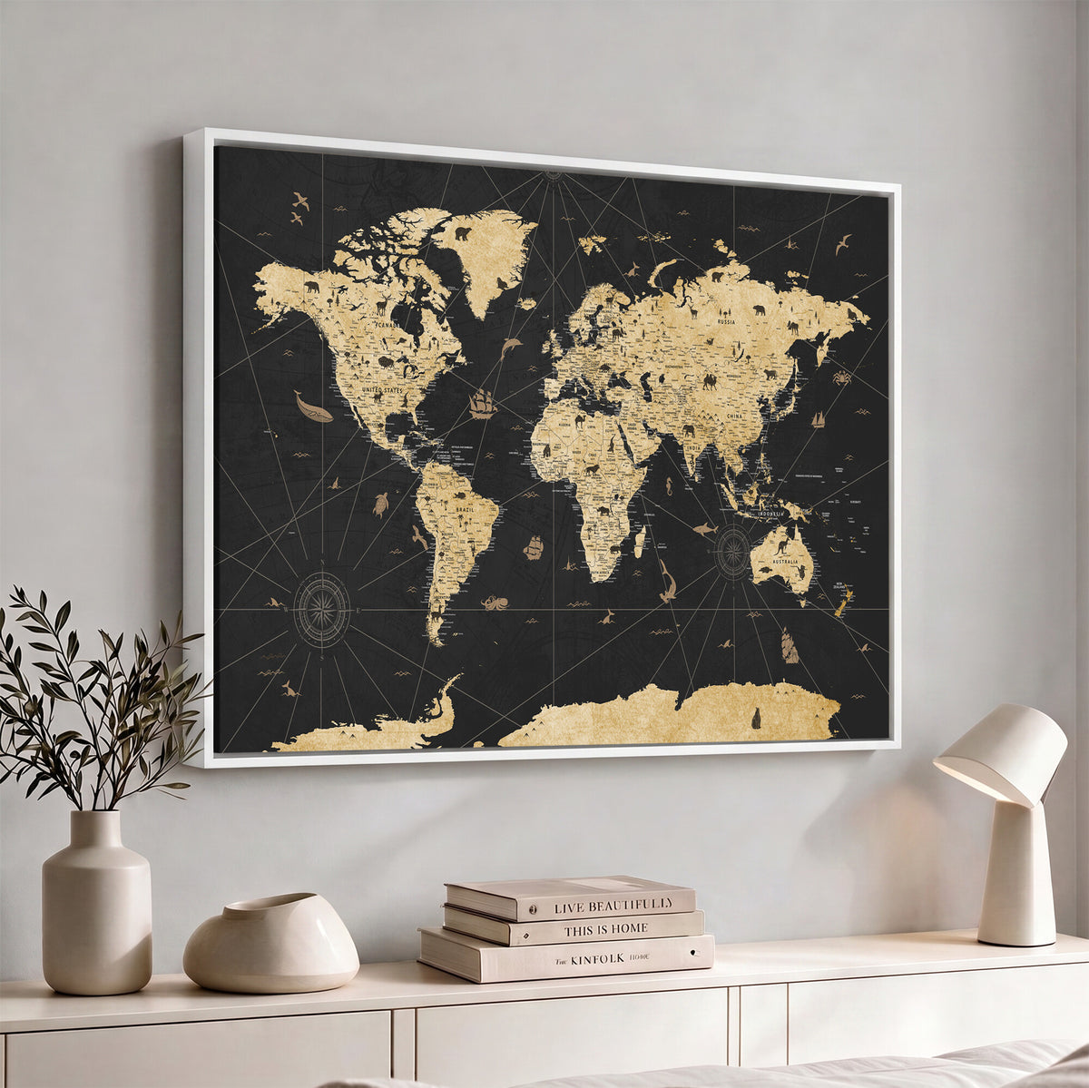 80270976-MGV-CV-36X24 - World Map Wall Art Canvas Print, Modern Decorative Framed Map Artwork Prints for Living Room, Office, Bedroom Wall Decor